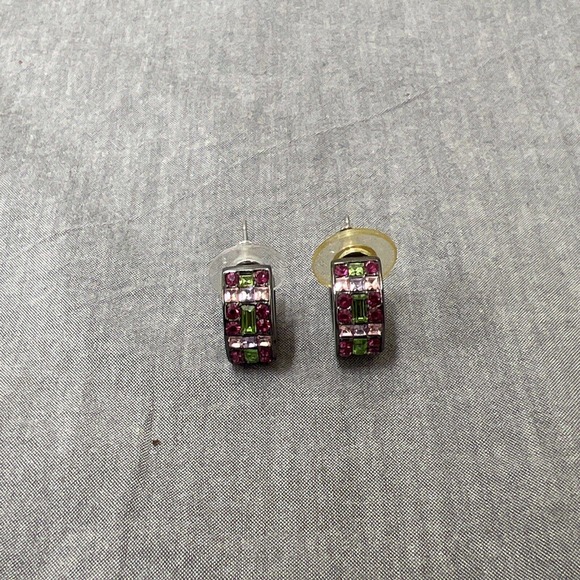 Women Signed Givenchy Earrings, Pewter Tone Rhinestone J Hoop Huggie, Piercing - Picture 7 of 9